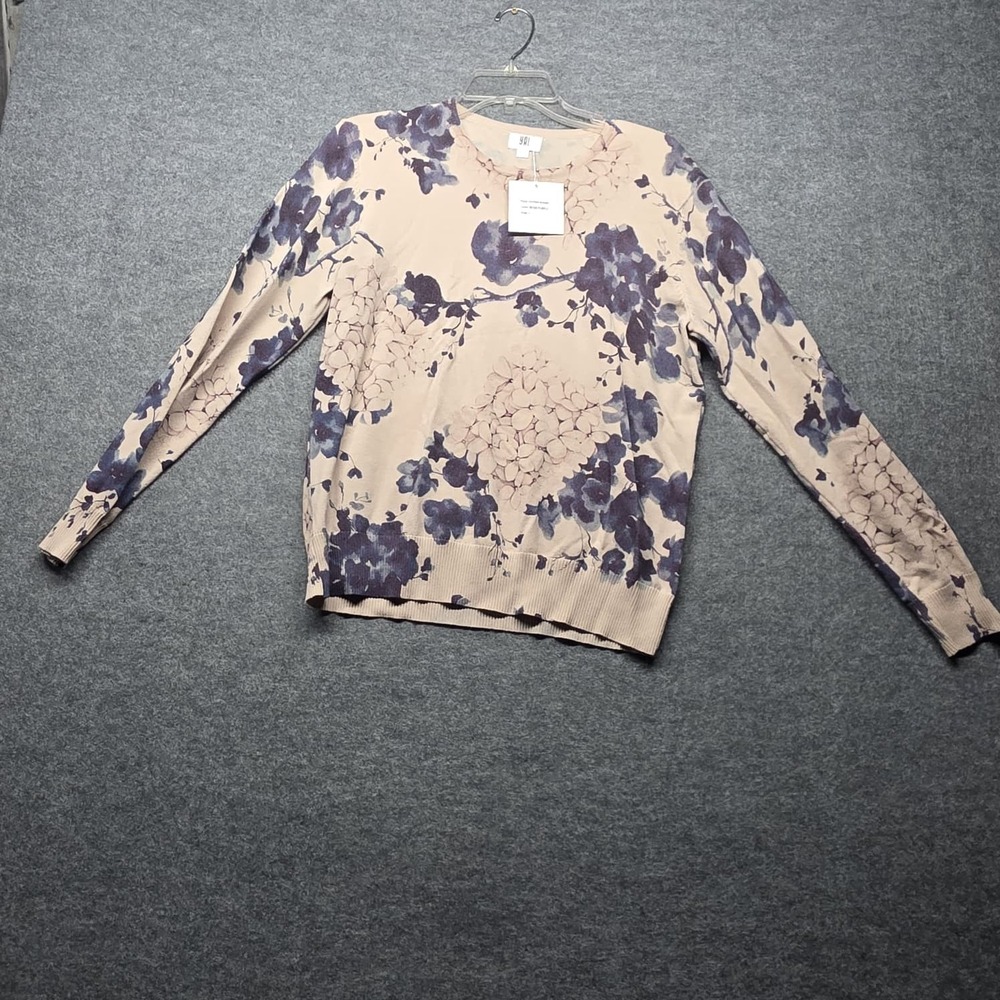 YAL New York Women's Floral Knit Sweater Beige Purple Crew Neck Pullover Size L